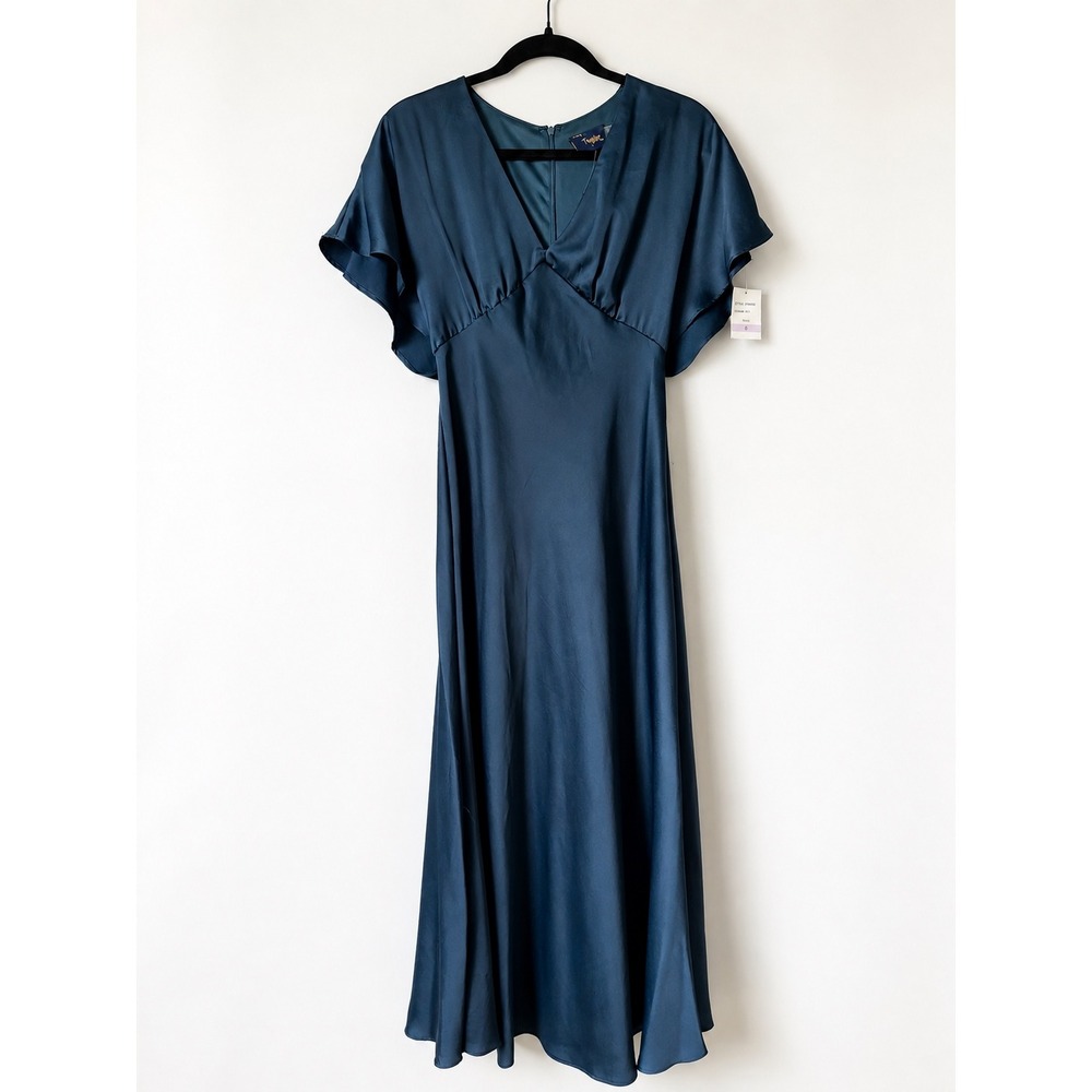 Just Taylor Midi Dress Women 6 Teal Blue Satin Flutter Sleeve V-Neck Elegant NWT